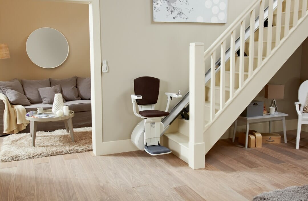 homeglide extra stairlift brown seat at bottom of stairs