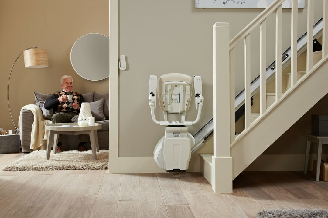 homeglide extra stairlift folded at bottom of stairs