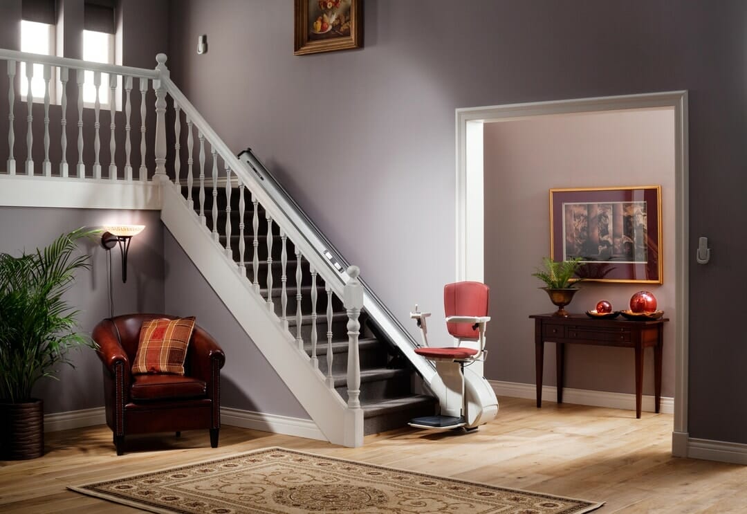 homeglide extra stairlift traditional set ready for use at bottom red seat 1