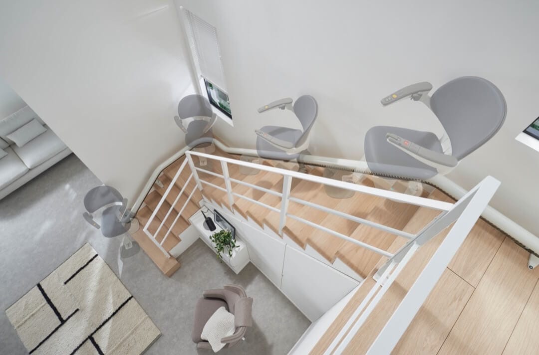 Flow X Stairlift automatic swivel technology if you have a narrow staircase showing travel journey